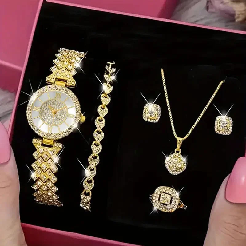 Glittering Luxury Rhinestone Womens Watch Set - Precise Quartz, 6-Piece Analog Wrist Watches & Jewelry Ensemble