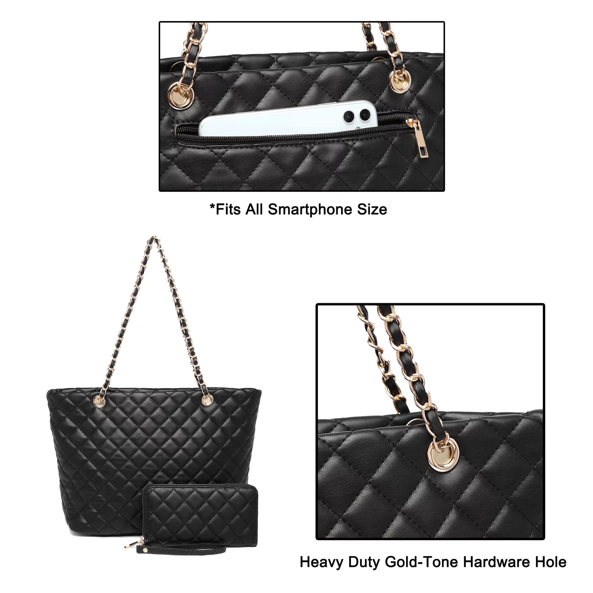 Quilted Women Handbags Purses Leather Tote Bag Satchel Wallet Set 2Pcs Chain Strap Shoulder Bag Classic