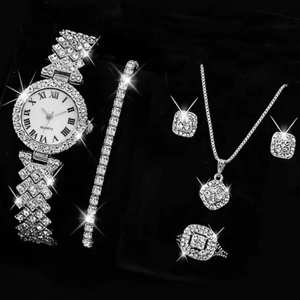 Glittering Luxury Rhinestone Womens Watch Set - Precise Quartz, 6-Piece Analog Wrist Watches & Jewelry Ensemble