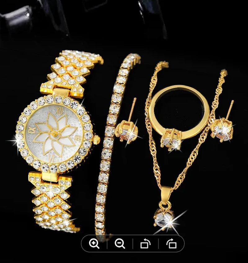 Glittering Luxury Rhinestone Womens Watch Set - Precise Quartz, 6-Piece Analog Wrist Watches & Jewelry Ensemble