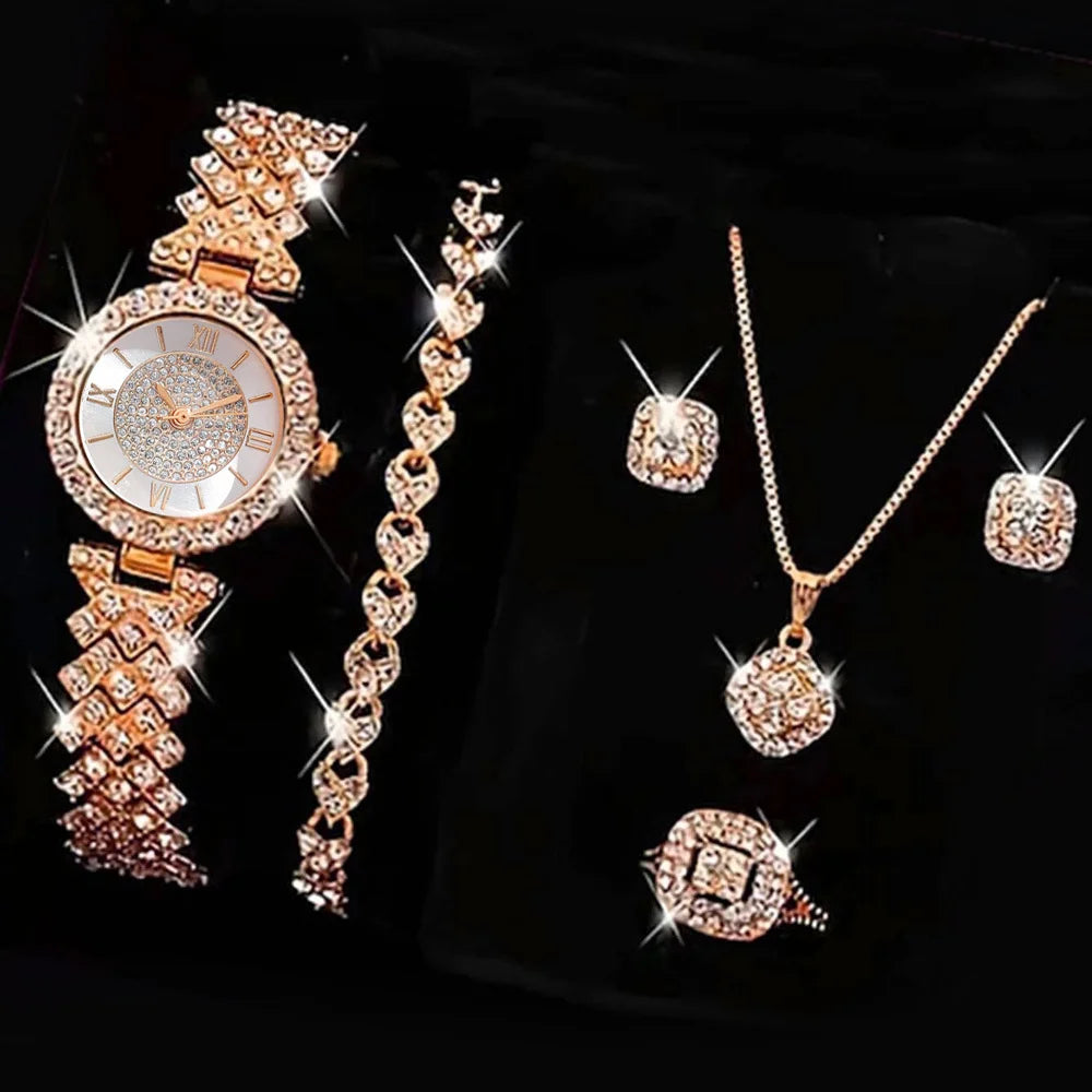 Glittering Luxury Rhinestone Womens Watch Set - Precise Quartz, 6-Piece Analog Wrist Watches & Jewelry Ensemble