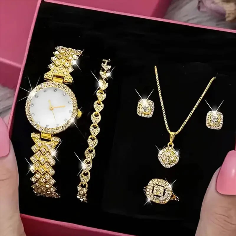 Glittering Luxury Rhinestone Womens Watch Set - Precise Quartz, 6-Piece Analog Wrist Watches & Jewelry Ensemble