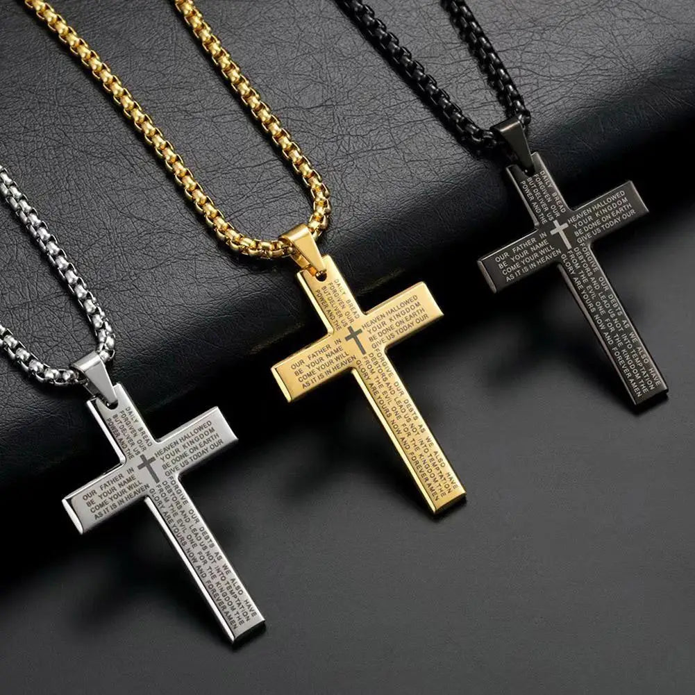 Christian Bible Cross Chain Necklace Stainless Steel Big Pendant Necklace Men'S Religious Prayer Jewelry Corrente Masculina