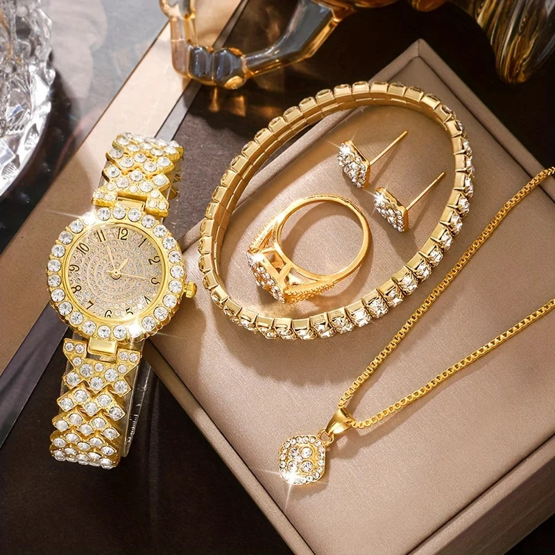 Glittering Luxury Rhinestone Womens Watch Set - Precise Quartz, 6-Piece Analog Wrist Watches & Jewelry Ensemble