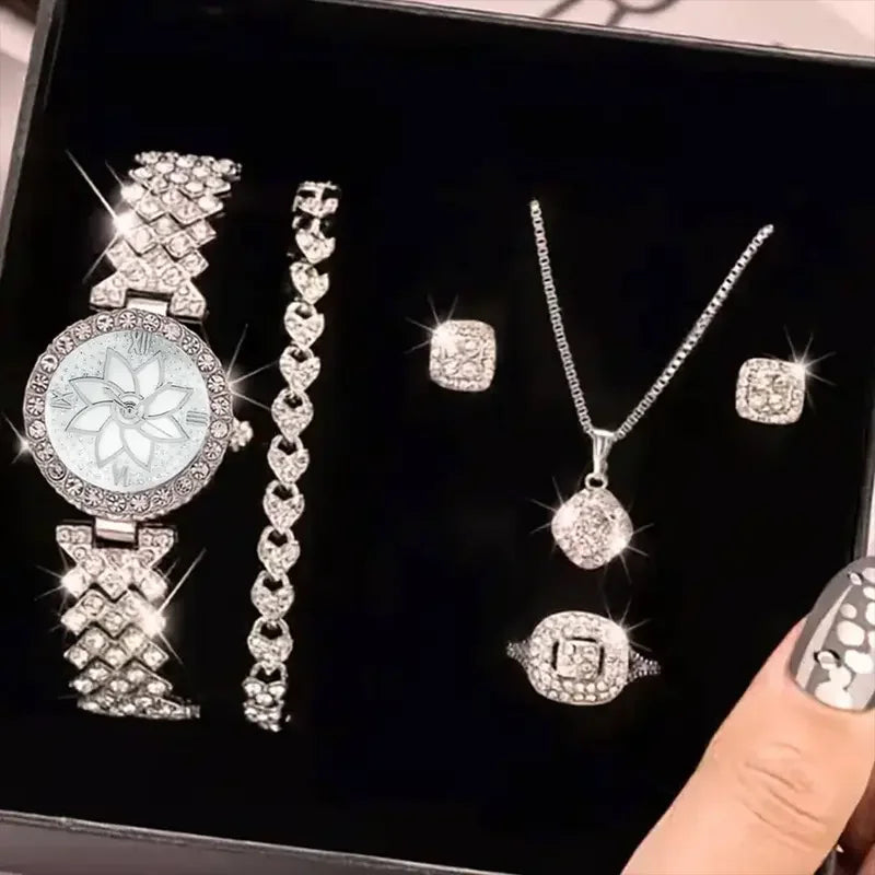 Glittering Luxury Rhinestone Womens Watch Set - Precise Quartz, 6-Piece Analog Wrist Watches & Jewelry Ensemble