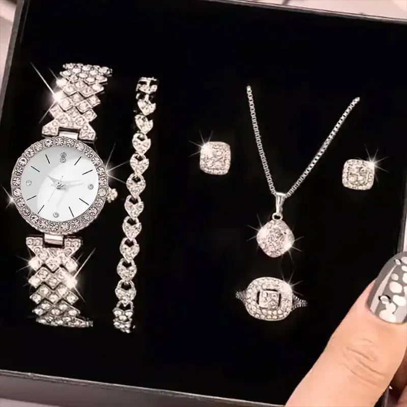 Glittering Luxury Rhinestone Womens Watch Set - Precise Quartz, 6-Piece Analog Wrist Watches & Jewelry Ensemble