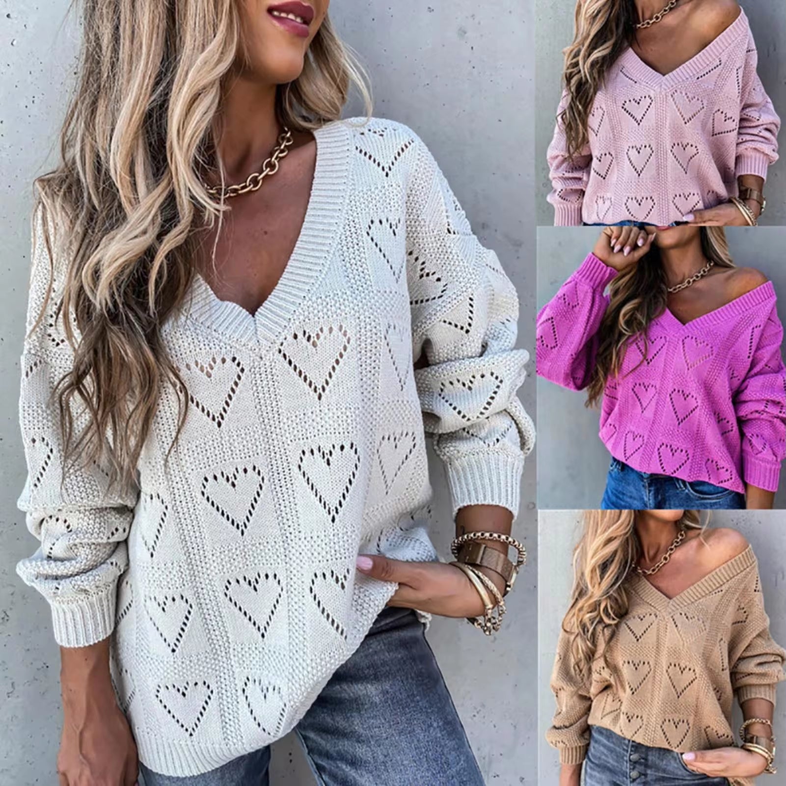 Hollow Crochet Sweater Women Autumn Winter Love Heart Loose Knitwear Women'S Clothing Кофта Женская Pull Femme 2023