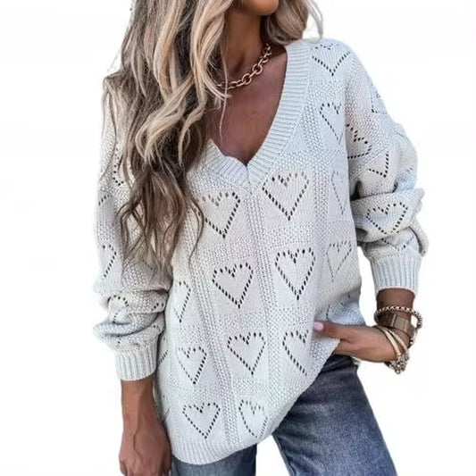 Hollow Crochet Sweater Women Autumn Winter Love Heart Loose Knitwear Women'S Clothing Кофта Женская Pull Femme 2023