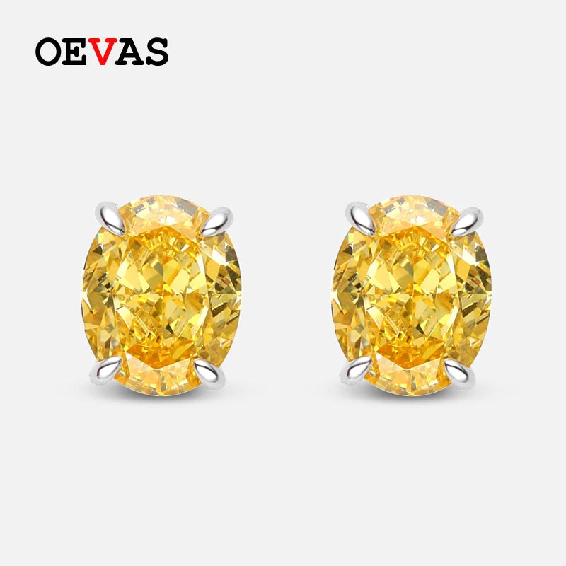 100% 925 Sterling Silver 8*10Mm Oval High Carbon Diamond Stud Earrings Pink Yellow 5A Zircon Wedding Party Fine Jewelry