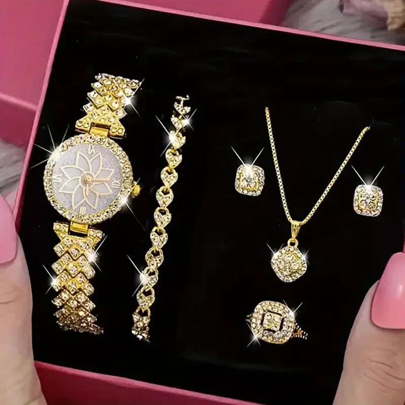 Glittering Luxury Rhinestone Womens Watch Set - Precise Quartz, 6-Piece Analog Wrist Watches & Jewelry Ensemble