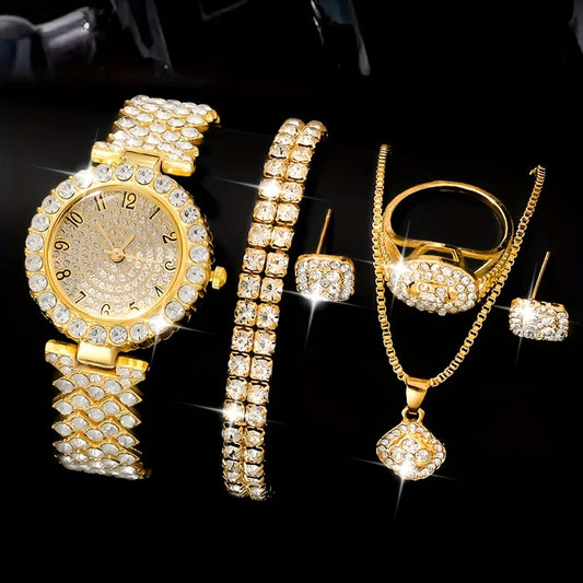 Glittering Luxury Rhinestone Womens Watch Set - Precise Quartz, 6-Piece Analog Wrist Watches & Jewelry Ensemble