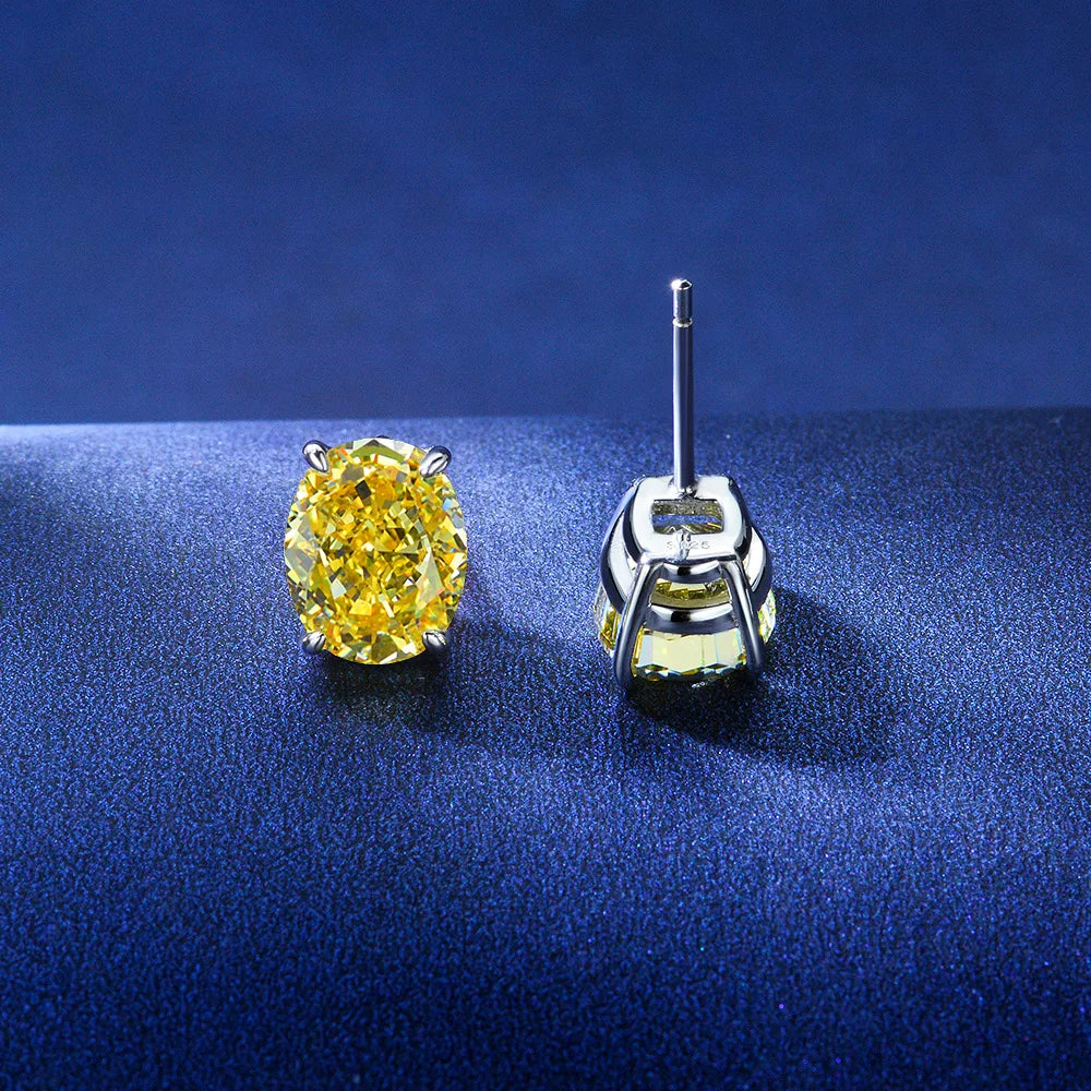 100% 925 Sterling Silver 8*10Mm Oval High Carbon Diamond Stud Earrings Pink Yellow 5A Zircon Wedding Party Fine Jewelry