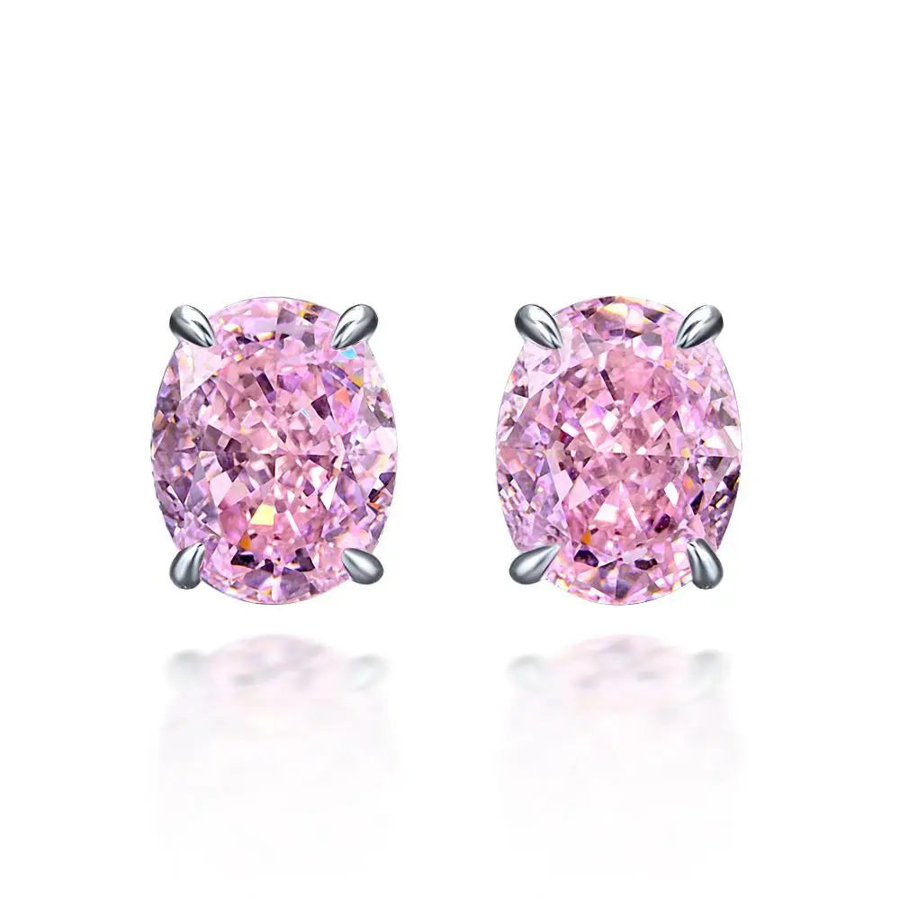 100% 925 Sterling Silver 8*10Mm Oval High Carbon Diamond Stud Earrings Pink Yellow 5A Zircon Wedding Party Fine Jewelry